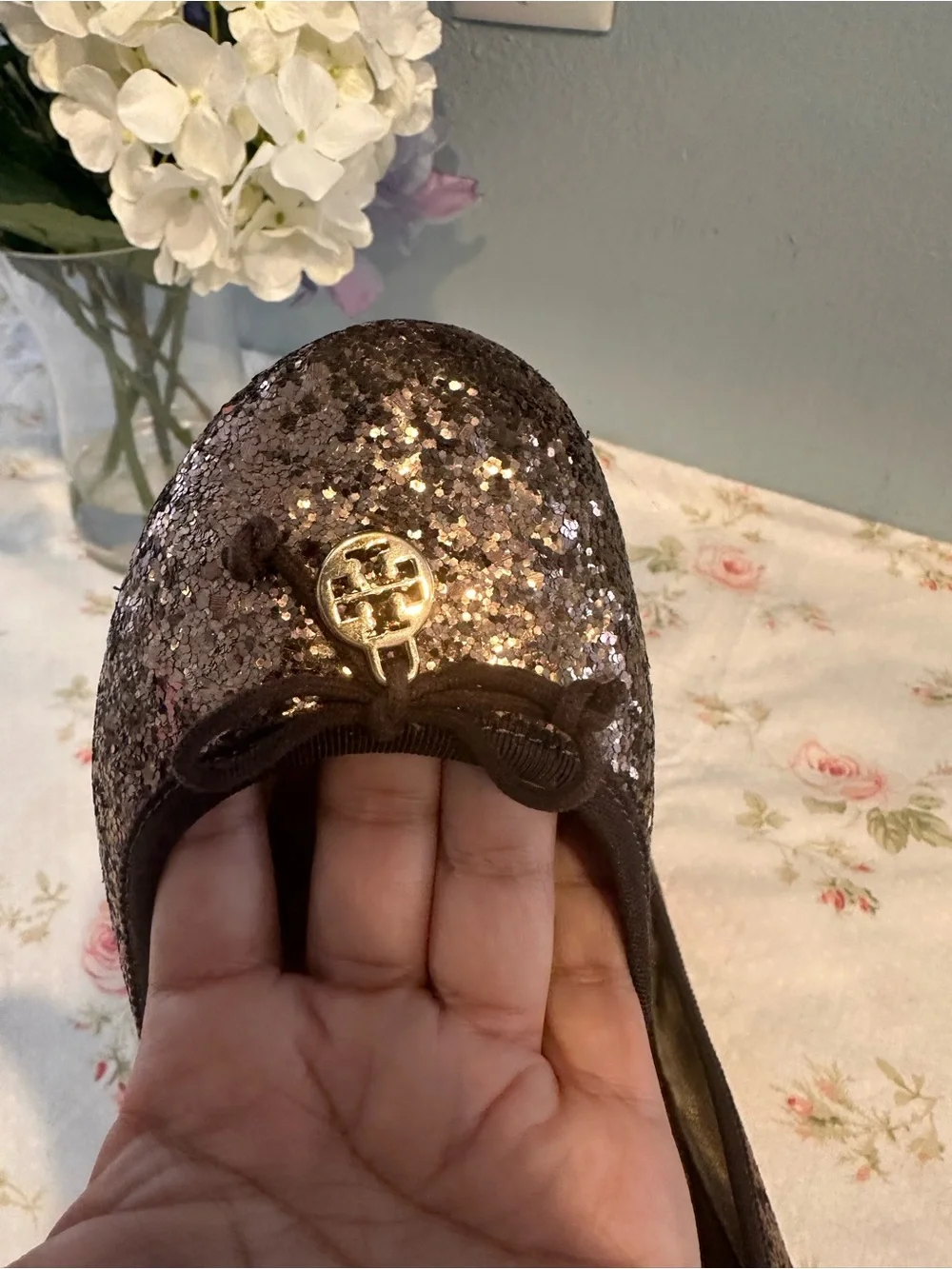 Tory Burch Metallic Bronze Glitter Ballet Flats